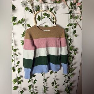 J. Crew Pink and White Crew Neck Sweater